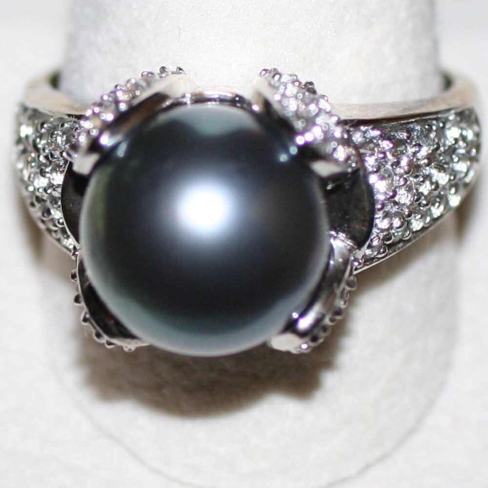 12.5MM Cultured Tahati AN Pearl /1.64CTW White Topez Rhodium Sterling Ring SZ 12